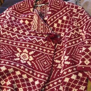 CAbi Fair Isle Women’s Shrug Cardigan Burgundy/Cream Sweater SZ M